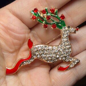 Reindeer Brooch Rhinestone Enamel Christmas Deer Pin Gold Tone 2.25”